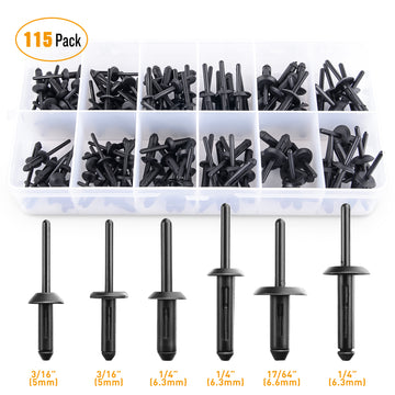115 Pcs Automotive Nylon Universal Pop Rivet Assortment - 6 Most Popular Sizes & Applications for GM Ford Chrysler VW